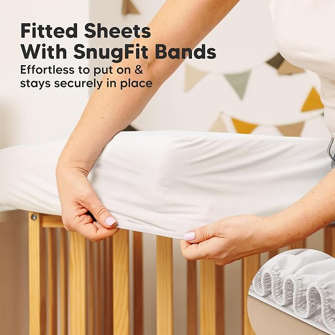 Waterproof Crib Mattress Protector Cover Fitted - 2-Pack Quiet Baby Crib Mattress Pad Sheets, 52" x 28" Soft Quilted Cotton Baby Sheet, Machine Washable, Easy Fit, Durable (Soft White/Quin)