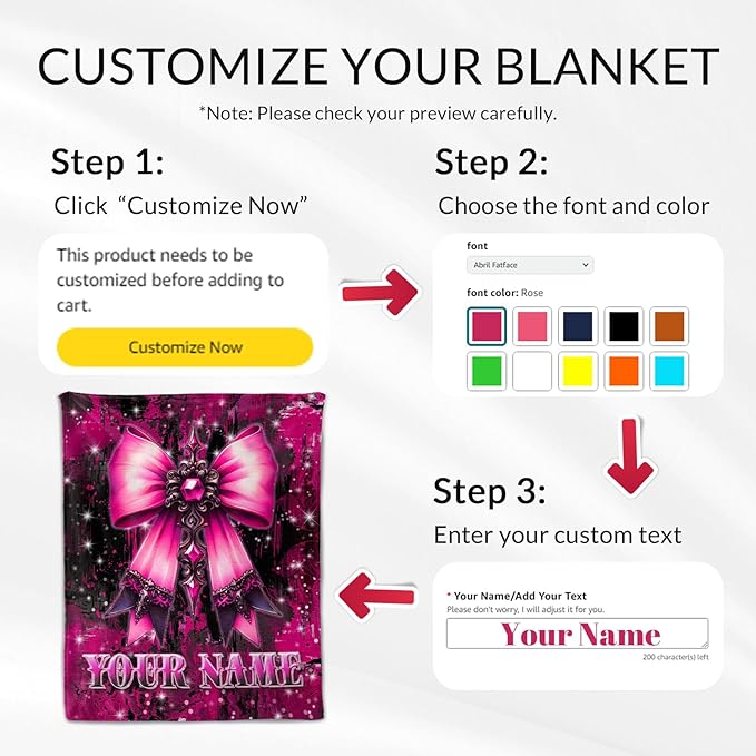 Custom Bow Blanket for Girls - Bow Blankets Gifts for Toddler, Kids - 40" x 50" Cozy Flannel Preppy Throws Stuff for Couch, Travel