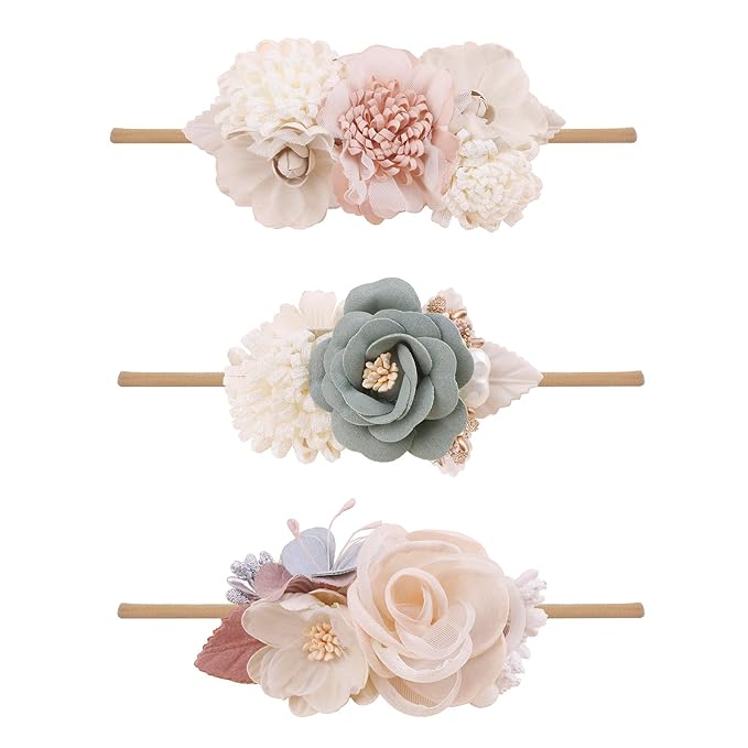 cherrboll 3pcs Baby Girl Flower Headbands, Super Soft & Stretchy Nylon Floral Hairbands for Newborn Toddler