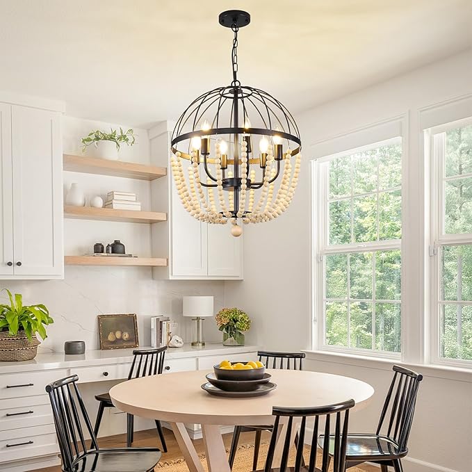 WJShome 6-Light Farmhouse Chandelier, Vintage Dining Room Light Fixture, Black Boho Wooden Bead Lantern Pendant Light, Rustic Pendant Lights Kitchen Island, for Entryway Foyer Hallway,