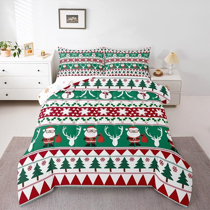 Feelyou Merry Christmas Tree Comforter Set Queen Size Cute Snowman Bedding Set for Kids Boys Girls Santa Claus Duvet Quilt Cartoon Bowknot Bedroom Decor Microfiber 3 Pcs with 2 Pillow Cases