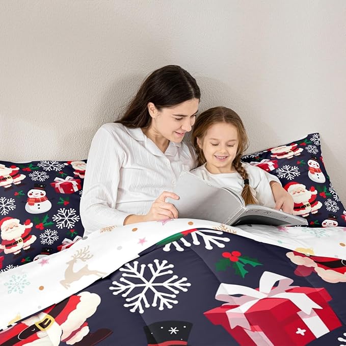 jejeloiu Merry Christmas Comforter Set Toddler Size Xmas Santa Claus Bedding Set for Kids Boys Girls Cute Snowman Duvet Quilt Dark Blue Bedroom Decor