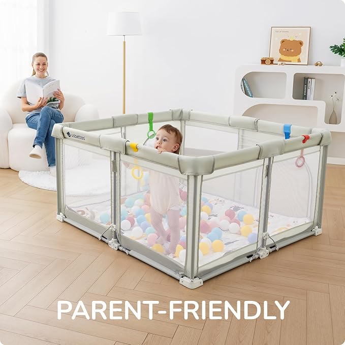 Foldable Baby Playpen with Mat, Foldable Playpen for Babies and Toddlers,Kids Portable Travel Play Pen, Collapsible Play Yard with 4 Handles,Indoor & Outdoor Baby Play Area with Breathable Mesh