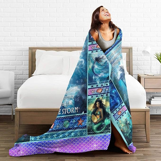 Mermaid Blanket for Girls Blue Ocean Throw Blankets Soft Cozy Warm Fuzzy Fleece Marine Life Shells Bedding Flannel Throws Stuffed Animal Gifts for Mermaid Lovers Kids Men Women Bedroom Decor 60"x50"