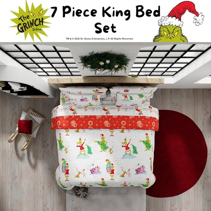 Grinch by Dr. Seuss Holiday & Christmas Bedding Super Soft Comforter and Sheet Set with Sham, 7 Piece King Size (Official Dr. Seuss Product) by Franco