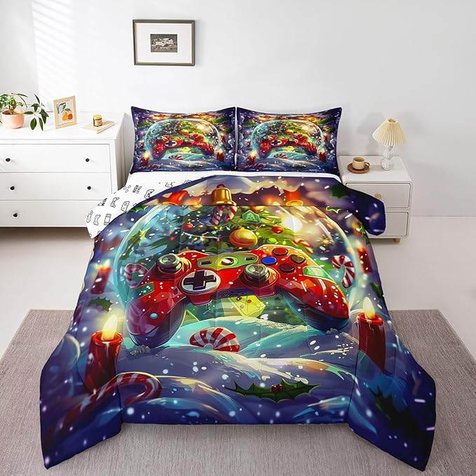Video Games Kids Comforter Set Twin Size,Christmas Tree Snowflake Bedding Set for Boys Girls Room Decor,Merry Christmas Gamer Quilt Set 2Pcs,Xmas Red Gamepad Microfiber Duvet Insert,1 Pillowcase