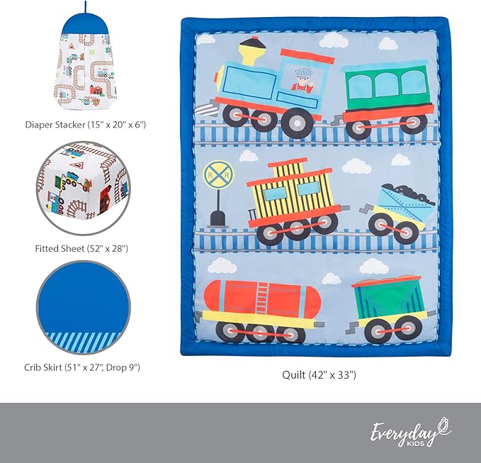 EVERYDAY KIDS 4 Piece Boys Crib Bedding Set - Choo Choo Train - Includes Quilt, Fitted Sheet, Dust Ruffle and Diaper Stacker - Nursery Bedding Set - Baby Crib Bedding Set