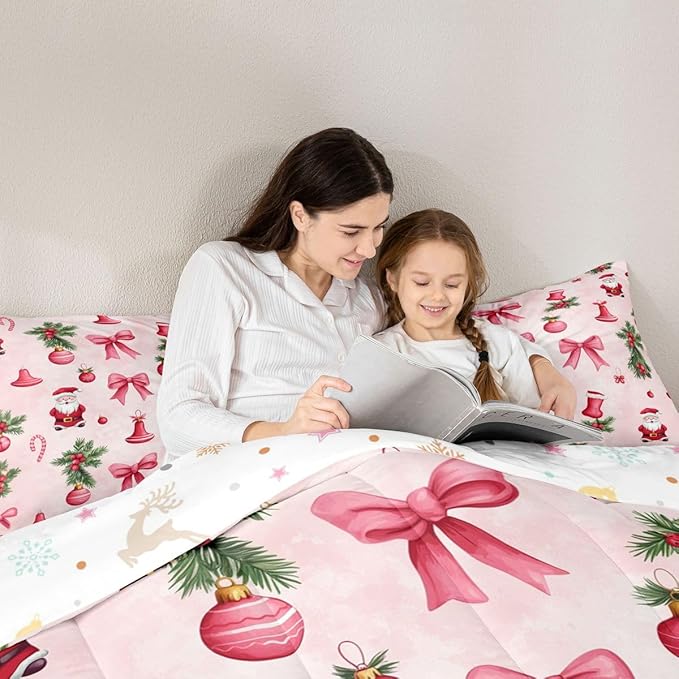 Feelyou Santa Claus Bedding Set Soft for Boys Girls, Pink Bow Comforter Set Twin Size Christmas Ornament Duvet Quilt Microfiber Candy Cane Bedroom Decor Holly Berry 2 Pcs with 1 Pillow Cases