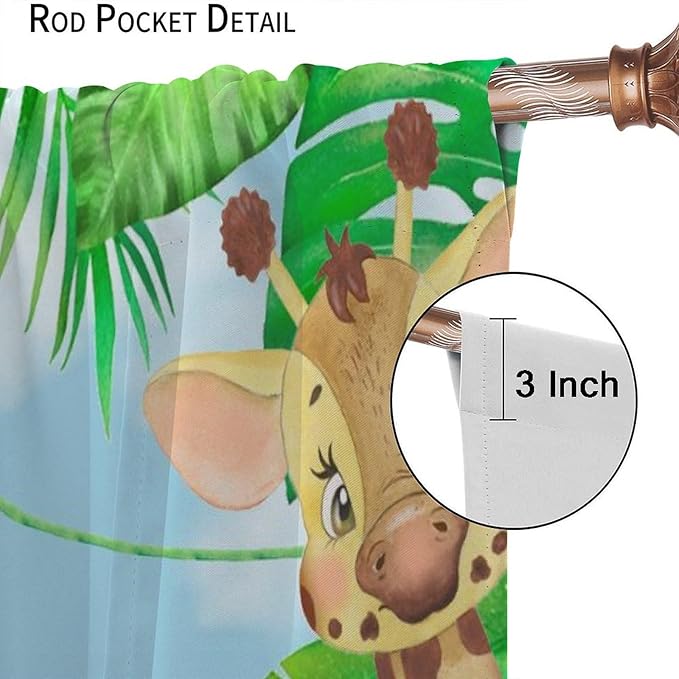 Kids Animals Blackout Curtains Watercolor Cartoon Cute Animals Green Jungle Art Printed for Children Girls Boys Bedroom Nursery Rod Pocket Decoration Window Drapes 2 Panels W26xL84in