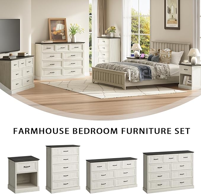 CARPETNAL Farmhouse Dresser and Nightstand Sets for Bedroom, 3 Pcs Bedroom Set, 8 Drawer Dresser & Nightstand Set of 2, Modern Wood Chest of Drawers for Bedroom, Living Room, Entryway, White