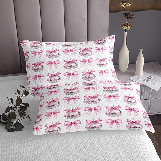 Cartoon Bowknot Kid Bedspread Queen Size,Bow Tie Butterfly Knot Princess Coverlet Set,Girls Women Room Decor,Western Cowgirl Disco Ball Retro Quilted Coverlet,Pink White Bedding Quilt,2 Pillowcases
