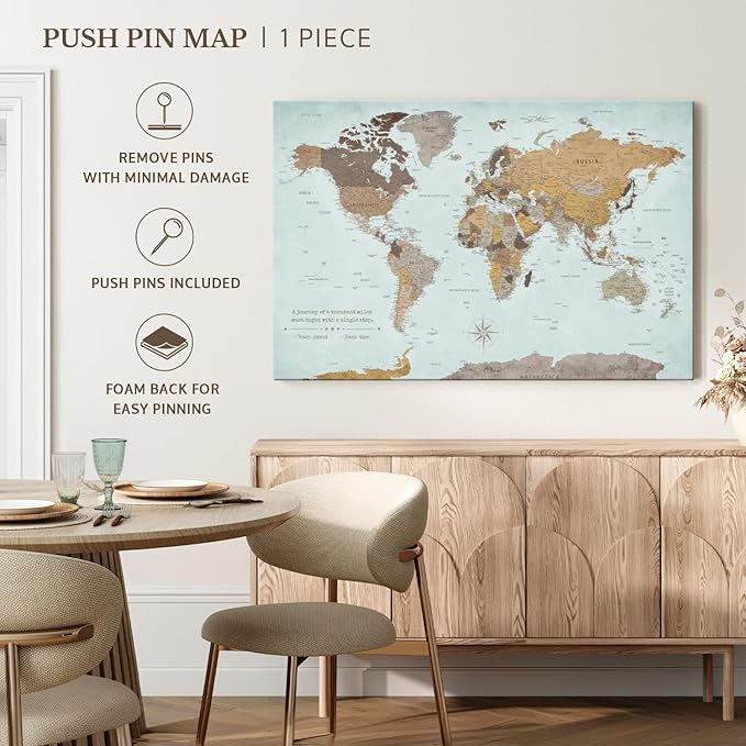 ElephantStock - A Thousand Miles World Push Pin Map Wall Art - Horizontal Canvas Wall Art - Living Room Wall Decor - Printmaking Map Canvas Art - Blue And Brown Decor - 51" x 34"