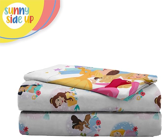 Sunny Side Up Disney Princess Twin Sheet Set - 3 Piece Kids Bedding Set Includes Pillow Cover – Super Soft Rainbow Microfiber Sheets Features Moana, Belle & Rapunzel