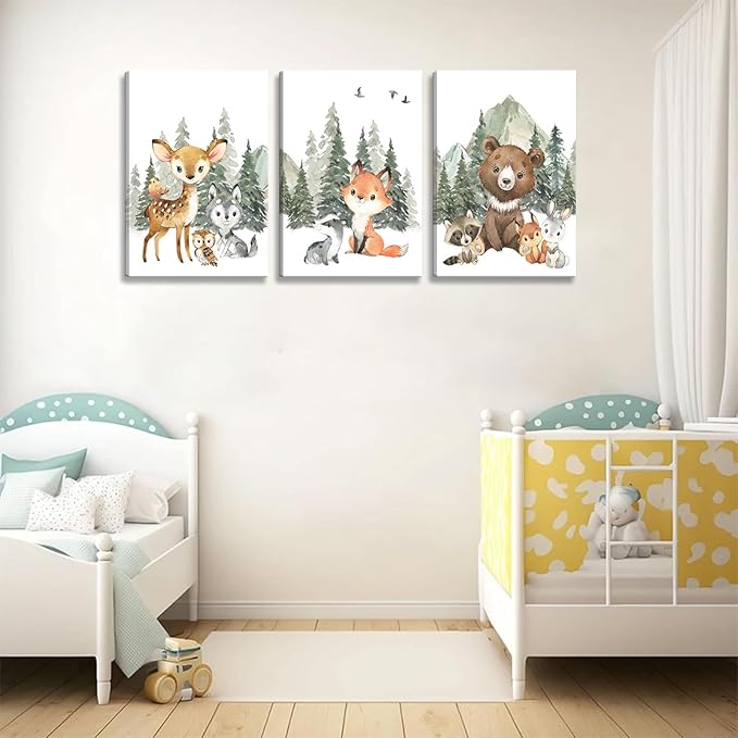 3Pcs Woodland Animal Nursery Canvas Wall Art Forest Adventure Theme Animals Picture Posters Wall Decor Cute Watercolor Deer Bear Fox Painting Print Artwork for Kids Baby Bedroom Decor 12x16in