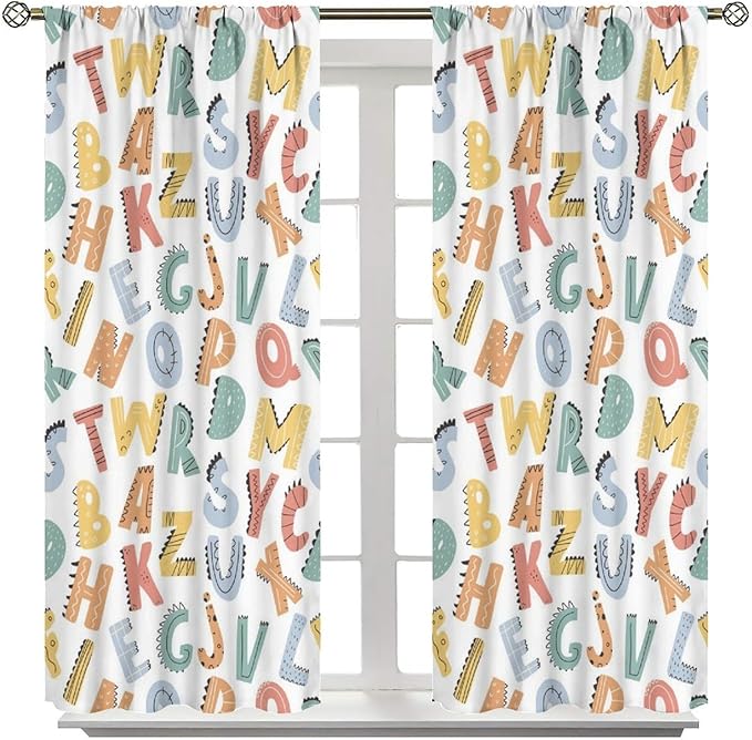 Kids Alphabet Letter Curtains Cute Funny Education Printed Curtain with Rod Pocket for Bedroom Living Room Home Decor Drapes Window Treatments 2 Panels Set 42" W X 63" L