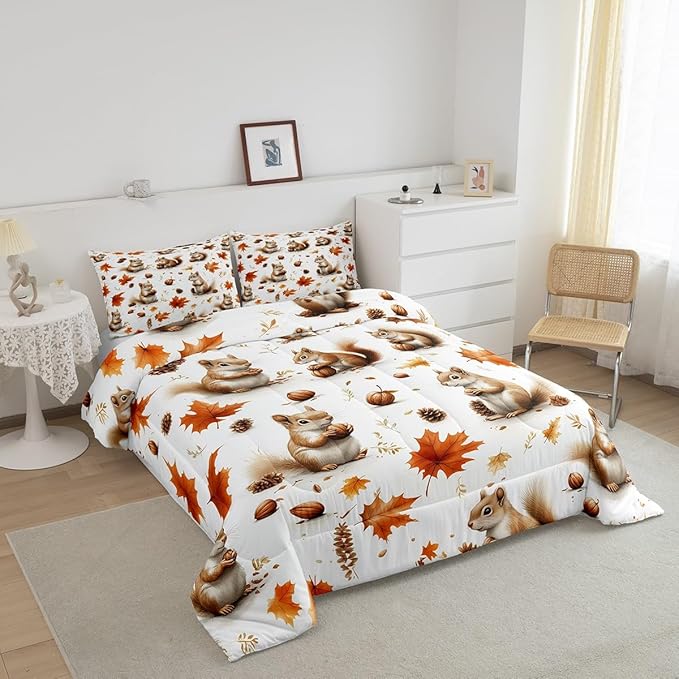 Feelyou Boys Girls Fall Autumn Duvet Cover Queen Size, Cute Squirrel Comforter Set Cartoon Animal Comforter Cover Kids Maple Leaf Teens Bedspread Cover Bedroom Decor Bed Set 3Pcs