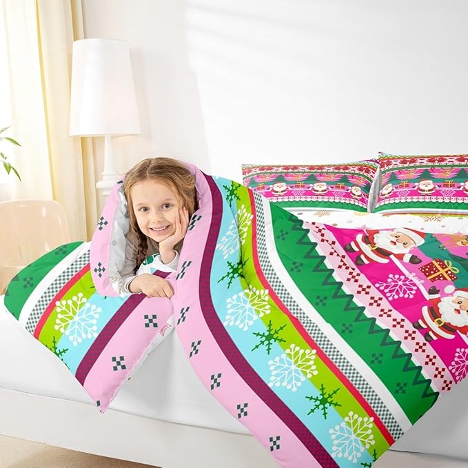Feelyou Merry Christmas Comforter Set All Season Santa Claus Bedding Set with 2 Pillow Cases Cute Deer Microfiber Kids Queen Bedclothes Snowflake Bedroom Decor Duvet Quilt Breathable Soft