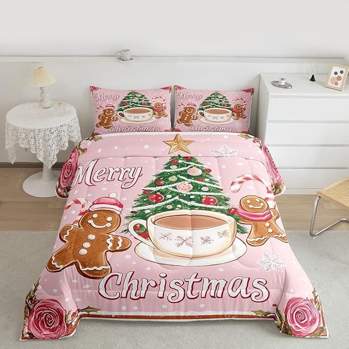 Feelyou Merry Christmas Comforter Set Toddler Size Gingerbread Man Bedding Set for Kids Boys Girls Xmas Duvet Quilt Christmas Decor Bedroom Decor Microfiber 2 Pcs with 1 Pillow Cases