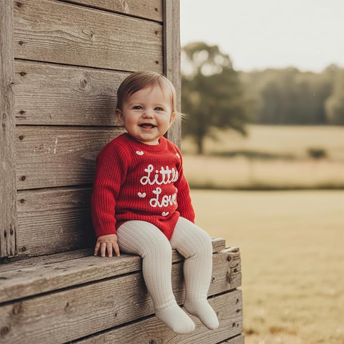 Lesimsam Newborn Baby Boy Girl Valentines Day Outfit Oversized Embroidery Long Sleeve Knit Sweater Bubble Romper Bodysuit