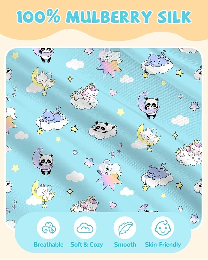 Silk Pillowcase for Kids - 30 x 20 Inches Queen Size Mulberry Silk Pillow Case with Zipper Cute Cartoon Kawaii Teens Girls Boys Pillowcase for Hair and Skin, Sleeping Animals