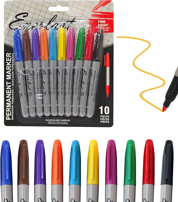 Permanent Marker Set, Fine Point, 10 Pack, Waterproof, Quick Drying, Multicolor Writing Pens for Most Surfaces Permanent Markers