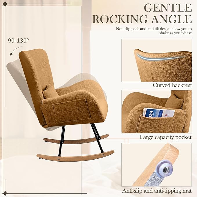 Waleaf Rocking Chair Nursery, Teddy Upholstered Rocking Chair Indoor with High Backrest Glider Accent Chair, Padded Seat Nursing Comfy Chairs for Bedroom (Brown)