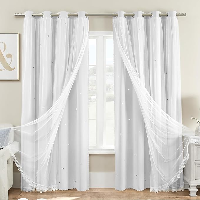 XiDi White Curtains 96 Inches Long for Girls Bedroom Living Room Privacy Room Darkening Double Layer Curtains with Sheer Overlay for Kids Toddler Princess Nursery Room Grommet Window Drapes W34 X L96