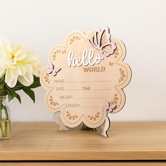 Wooden Baby Announcement Sign, Butterfly Design, Hello World Newborn Welcome Plaque for Photo Props, Baby Shower, Hospital, Nursery Decor