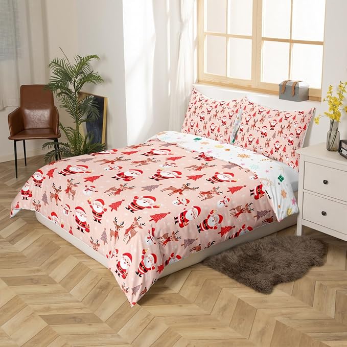 Christmas Kids Bedding Set Santa Claus Bedding Duvet Cover Set for Boys Girls Christmas Tree Deer Decor Comforter Cover Set Snowflake Xmas Theme Bedspread Cover Bedroom Quilt Cover 2Pcs Toddler Size