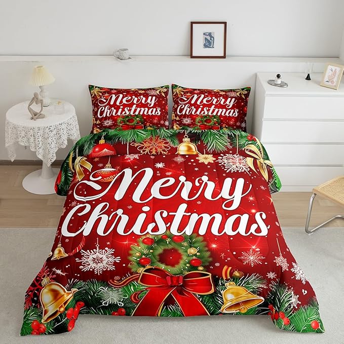 Christmas Wreath Bedding Set Full Size,Red Bowkont Gold Bell Comforter Set for Kids Boys Girls Room Decor,Snowflake Merry Christmas Duvet Insert 3Pcs,Green Leaves Xmas Theme Quilt Set,2 Pillowcases