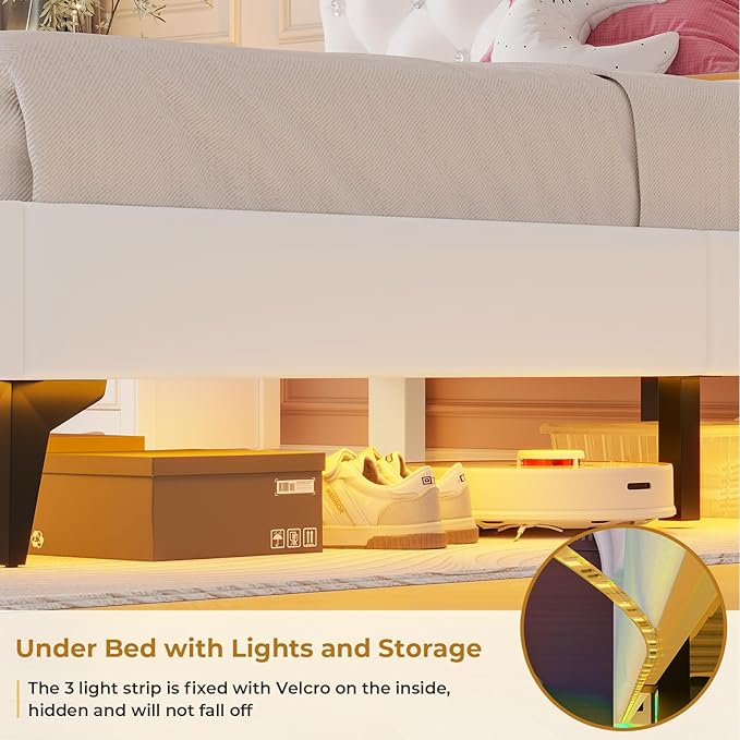 ADORNEVE Full Bed Frame with RGB LED Lights, Princess Bed Frame with Adjustable Crystal Button Headboard, Velvet Upholstered Platform Bed for Girls, Solid Wooden Slats, Easy Assembly, Creamy White