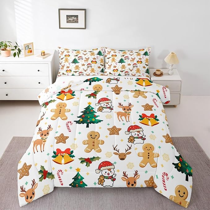 Feelyou Merry Christmas Comforter Set All Season Gingerbread Man Bedding Set with 2 Pillow Cases Cute Deer Microfiber Kids Full Bedclothes Christmas Tree Duvet Quilt Breathable Soft Lightweight