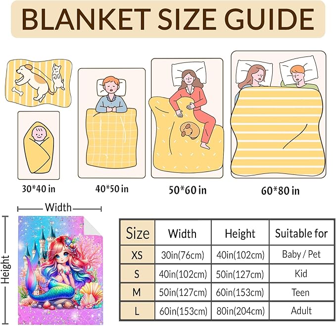 Girls Mermaid Blanket, Throw for Toddlers Kids Mermaid Lovers 30x40 Inches Lightweight Soft Cute Throw Blankets for Sofa Couch Bed Trip
