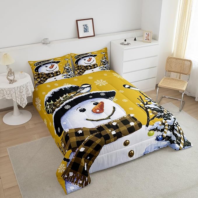 Feelyou Kids Christmas Theme Decorations Bedding Set Xmas Snowman Comforter Set for Boys Girls Snowflake Kawaii Cute Comforter Bright Yellow Quilt Set Bedroom Collection Queen Size