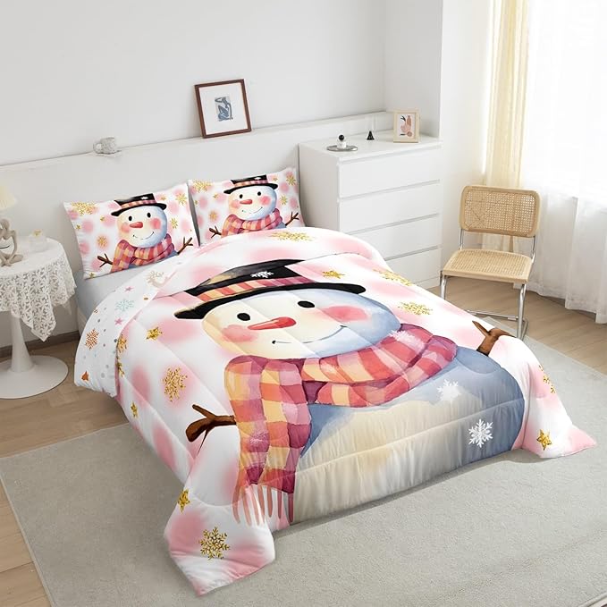 Feelyou Kids Merry Christmas Decorations King Size Comforter Set Xmas Snowman Bedding Set Pink Quilt Set Soft Warm Lightweight Duvet Set