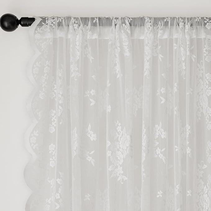 Anmao Vintage Lace Curtains 90 Inches Long 2 Panels, Romantic Elegant Light Filtering Semi Sheer Floral Thick Lacy Curtain Drapes for Living Room and Bedroom, Each Panel 55W x 90L, White Rose