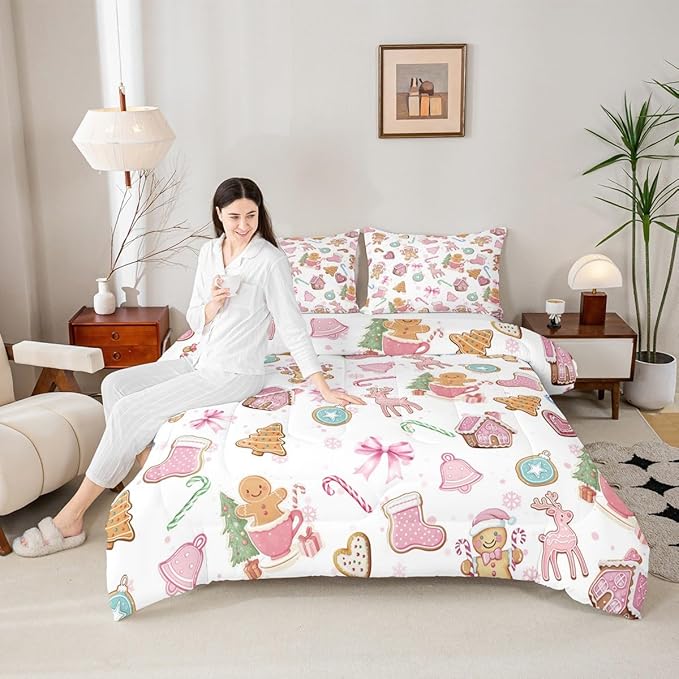 Cute Bow Tie Girls Bedding Set Twin Size,Pine Tree Merry Christmas Elk Deer Comforter Set,Bowknot Gingerbread Man Snowflake Quilt Comforter Teens,Pink White Colorful Room Decor All Season,1 Pillowcase