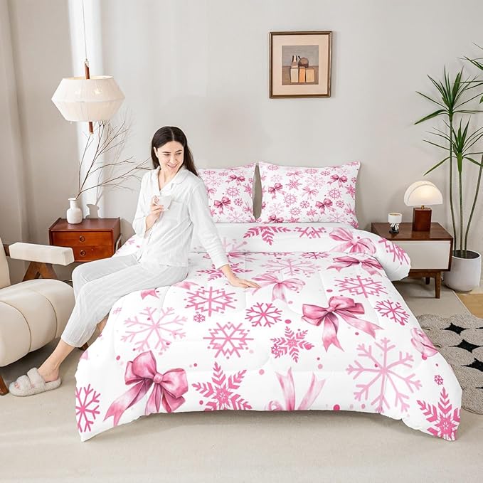 Cute Bow Tie Kids Comforter Set Twin Size,Girly Bowknot Snowflake Dots Bedding Set Room Decor,Merry Christmas Winter Princess Quilt Comforter,Pink White Duvet Set Bedroom Quilt Set,1 Pillowcase