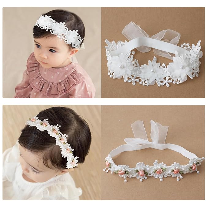 2 Pack 18-20in Elegant White Flower Christening Headbands for Baby Girl, Elastic Soft Lace with Cute Tulle Pearl Hair Strap (Snow Tooth Rose)