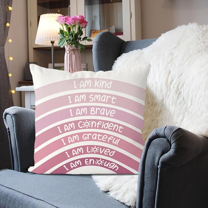 QIYUHOY Boho Rainbow Classroom Throw Pillow Covers, Book Center Calming Corner Playroom Decor Pillow Case, Pink Pillow Cover, I Am Kind Smart Brave Confidence 24x24 Inch Pillowcase(Pink)