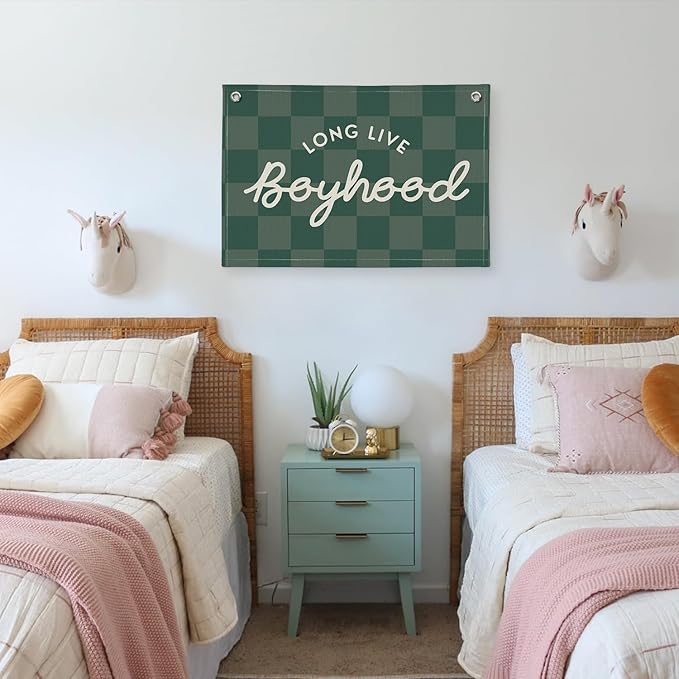 Long Live Boyhood Banner, Boy Nursery Decor, Canvas Banner Wall Hanging Flag Decor for Nursery Playroom Toddler Room, Boys Kids Room - Green