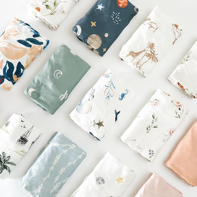 Stretchy Ultra Soft Jersey Knit Fitted Pack n Play Sheets Set 2 Pack, Portable/Mini Crib Sheets for Girls, Universal Fit for Pack N Plays Safe and Snug, Cute Sea Fish Print