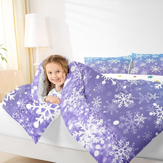 Feelyou Blue and Purple Snowflake Bedding Set Soft for Boys Girls, Winter Snowflake Comforter Set Toddler Size Christmas Duvet Quilt Holiday New Year Bedroom Decor 2 Pcs with 1 Pillow Cases