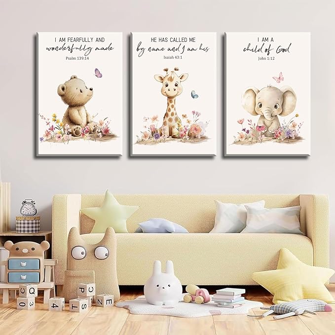3Pcs Nursery Animal Bible Verse Canvas Wall Art Cute Bear Elephant Giraffe Wall Decor Pictures Christian Baby Nursery Posters Prints for Kids Boys Girls Room Home Decoration 12x16in