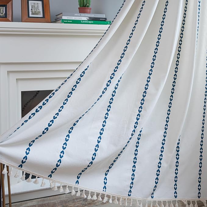 Deeprove Navy Blue Boho Curtains 72 inches Length for Living Room Bedroom Nursery, Vintage Chic Bohemian 72 inches Long Embroidery Farmhouse Tassel Privacy Window Treatments W52 x L72, 1 Panel