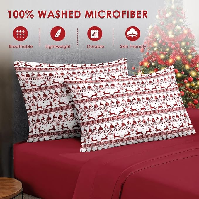 7 Pcs Queen Size Christmas Comforter Set with 2 Pillowcases & 2 Shams, Red Winter Funny Reindeer Bedding for Kids and Adults, Pine Tree Snowflake Bed in a Bag with Flat Fitted Sheet