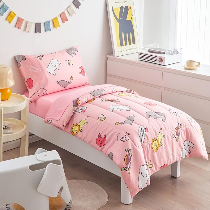 Flysheep 4 Pieces Pink Toddler Bedding Set, Elephant Lion Animals Printed for Baby Girls - Includes Quilted Comforter, Flat Sheet, Fitted Sheet & Pillow Case, Soft Microfiber