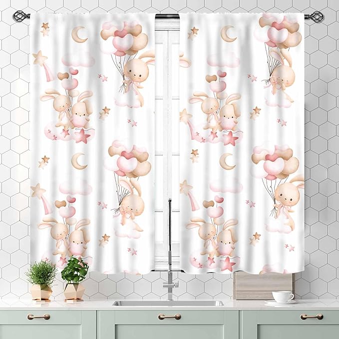 Rabbits Curtains, Kids Boys Girls Cartoon Cute Lovely Animals Moon Cloud Ballon Pastel Pink Window Drapery Treatments for Baby Living Room Bedroom Nursey Toddler 2 Panels, 55x39 Inch