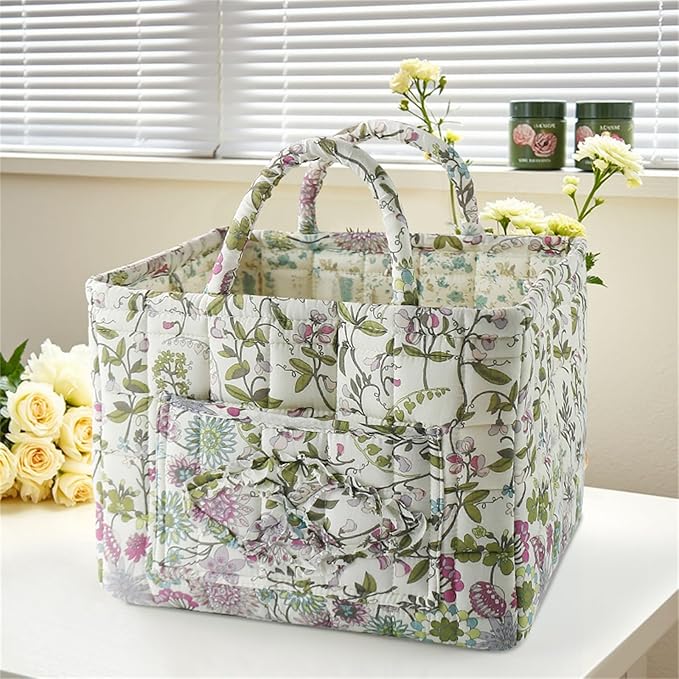 Boho Fabric Storage Basket, Collapsible Floral Laundry Nursery Hamper, Portable Folding Organizer Bin for Home Office Picnic Clothes Toys Books Sundries Storage (Floral 2)