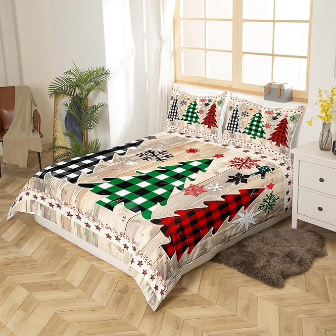 Manfei Xmas Plaid Trees Duvet Cover Set Full Size, Western Texas Star Bedding Set 3pcs for Kids Boys Girls, Christmas Theme Comforter Cover Wooden Plank Quilt Cover with 2 Pillowcases,No Comforter